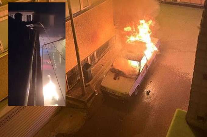 Bursa’da  Yanan Arabaya Balkondan Pet Şişeyle Müdahale!